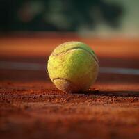 A close up of a tennis ball on a clay court photo
