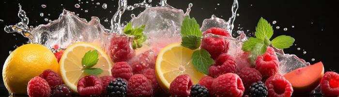 Raspberries, lemon slices and mint with water splash on black background. photo