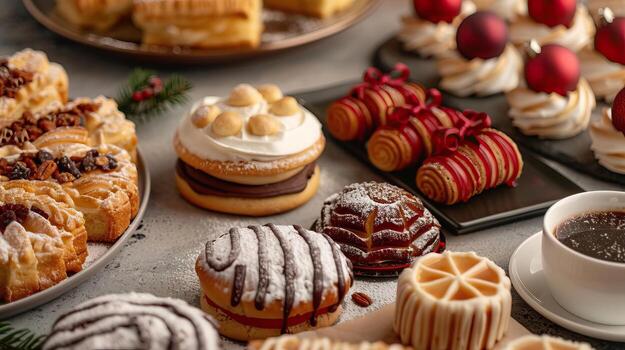 Assorted festive baked goods with Christmas decorations, delightful yummies, editorial photography, empty copy space on the right photo