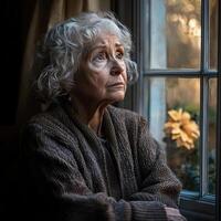 Elderly woman sitting by a window, gazing out with a distant look, sadness reflecting in her eyes, alone and contemplative photo