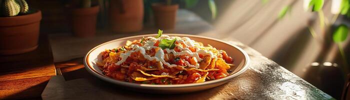 Delicious spaghetti topped with rich meat sauce, herbs, and cheese, set on a wooden table with warm sunlight streaming in. photo