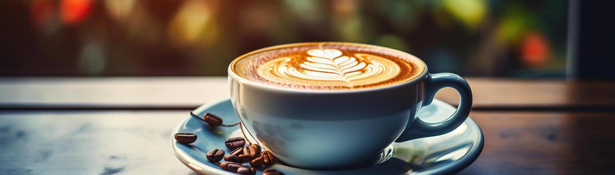 un de cerca imagen de un taza de café en un platillo con café frijoles en el lado. el taza debería ser metido en un de madera mesa. el antecedentes debería ser borroso. foto