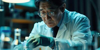 Scientist concentrated on laboratory work in a dimly lit lab, surrounded by glassware and scientific equipment. photo