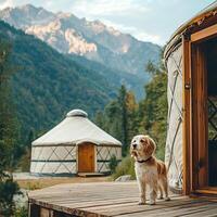 Dog standing on a wooden deck outside a stylish yurt, with mountains in the background, glamping with your pet, scenic and upscale photo
