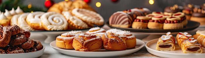 Array of Christmas pastries on a decorated table, festive feast atmosphere, editorial photography, empty space for text on side photo