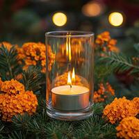 Blank clear straight candle glass amidst a setting with delicate fairy lights photo