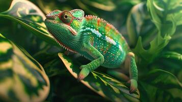 Chameleon blending seamlessly into its leafy environment, highlighting camouflage abilities, Wildlife in Natural Habitat, editorial photography, empty space for text on side photo