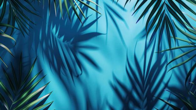 Tropical palm leaf shadows on a vibrant blue background, creating a serene and exotic atmosphere. photo