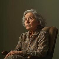 Sad elderly woman sitting in a chair, surrounded by empty space, looking away with a melancholic expression, alone and reflective photo
