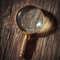 A well-worn magnifying glass on a rough-hewn wooden background, with light creating a warm, inviting atmosphere, symbolizing the search for knowledge, classic and detailed photo