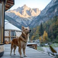 Dog standing on a wooden deck outside a stylish yurt, with mountains in the background, glamping with your pet, scenic and upscale photo