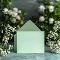 5x7 pastel green Birthday Card portrait mockup with envelope photo