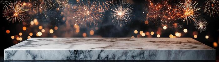 Marble counter mockup with a New Year celebration background featuring vibrant fireworks lighting up the night sky, editorial photography, empty copy space on the right photo