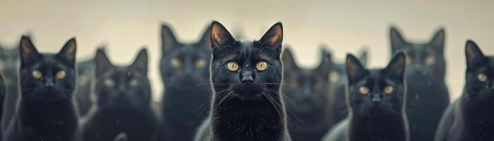 Background filled with black cats with arched backs, spooky and eerie atmosphere, editorial photography, empty copy space on the right photo