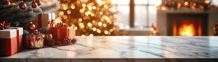 Marble counter mockup with a Christmas background featuring twinkling fairy lights, festive ornaments, and pine branches, editorial photography, empty copy space on the right photo