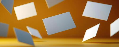 3d render of a various blank white paper cards with rounded corners floating around over a dark yellow studio background Shallow depth of field Dramatic lighting photo