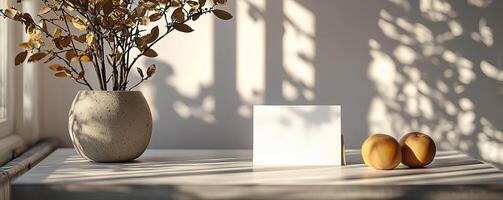 a greeting card on a table, simple white room, nature vibes for a mock up, no sun photo
