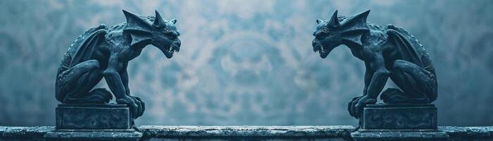 Gargoyles with fierce expressions atop pedestals, haunting and mystical scene, editorial shot, empty copy space for text photo
