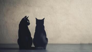 Silhouetted black cats with arched backs, eerie background, editorial photography, empty space for text on side photo