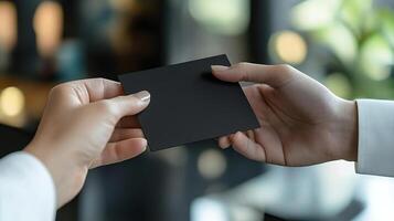 a photo of someone handing another person a black business card