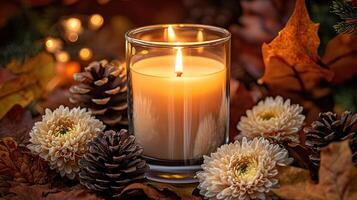 Blank clear straight candle glass amidst a setting with delicate fairy lights photo