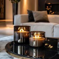 dos marrón vaso tarro velas con llamas sentar en un mármol mesa en un lujoso vivo habitación. foto