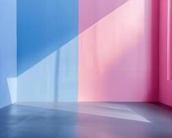 Blue and pink empty room with sunlight shining through the window. photo
