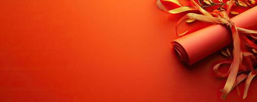 Vibrant festive background with a rolled paper tied with a ribbon, perfect for celebrations and announcements. photo