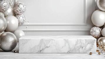 Sleek marble counter mockup against a backdrop of New Year s Eve party decorations photo