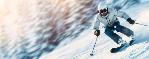 Highspeed skier racing down a snowy slope, dynamic and thrilling, Extreme Sports in Action, editorial photography, empty space for text on side photo