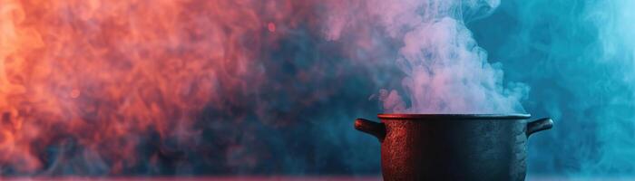 Witch's cauldron emitting magical smoke, eerie and mystical atmosphere, editorial photography, empty copy space on the right photo