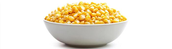 Fresh golden corn kernels in a white bowl, perfect for culinary recipes and healthy snacks. photo