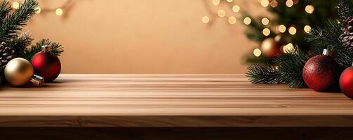 Wooden counter mockup with a Christmas background featuring twinkling fairy lights, festive ornaments, and pine branches, editorial photography, empty copy space on the right photo