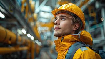 young male engineer wearing a hard hat and safety glasses, looking up at the machinery in a factory photo