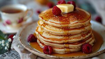 A decadent stack of pancakes topped with butter and raspberries. photo