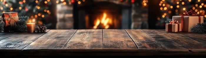 Wooden counter mockup with a Christmas background featuring twinkling fairy lights, festive ornaments, and pine branches, editorial photography, empty copy space on the right photo