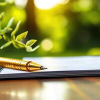 A close-up view of a golden pen resting on a blank notepad, surrounded by fresh greenery and soft sunlight. photo
