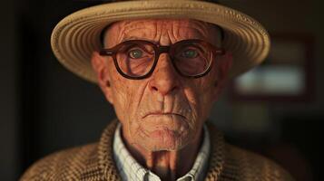 Close-up portrait of an elderly man wearing glasses and a hat, showcasing deep wrinkles and a serious expression. photo