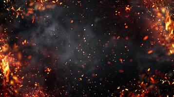 Fire sparks. Fire particles effect on black background for overlay design or screen blending mode photo