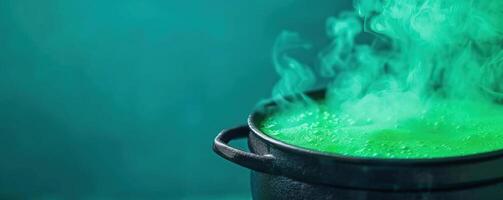 Bubbling cauldron with green potion and magical smoke, spooky Halloween backdrop, editorial shot, empty copy space for text on side photo