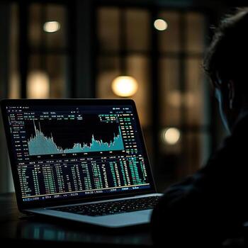 A dark room with an open laptop displaying the stock market on screen photo
