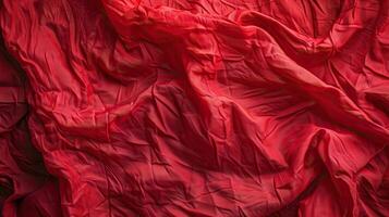 Close-up of wrinkled red fabric texture. Vibrant color and detailed folds create an abstract background suitable for various design projects. photo