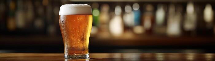 1 A detailed shot of a craft beer glass at a bar, emphasizing the foams creamy texture, set against a clean, neutral backdrop, extensive space on the right for copy photo