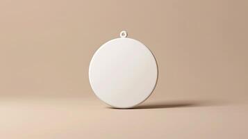 Blank white round paper tag hanging on a minimalist beige background, perfect for product presentation or branding. photo