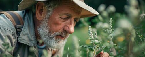 Elderly man wearing a hat, closely examining plants in a lush garden, symbolizing nature, wisdom, and connection to the earth. photo