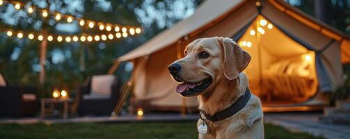 Dog exploring a beautifully landscaped campsite with a luxury tent, garden lights, and elegant furnishings, glamping with your pet, charming and stylish photo