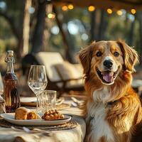 Dog enjoying a gourmet treat next to a beautifully set outdoor dining table, glamping with your pet, indulgent and elegant photo