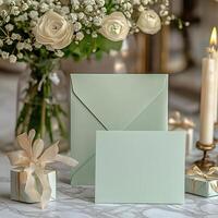 5x7 pastel green Birthday Card portrait mockup with envelope photo