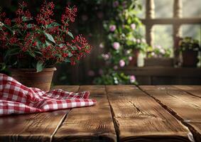 Rustic wooden table with a red checkered tablecloth and a potted plant in the background photo