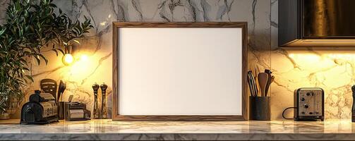 a blank 2x3 frame with a wooden border resting on a wall ontop of a marble kitchen countertop surrounded by kitchen components and an amazing light shot photo